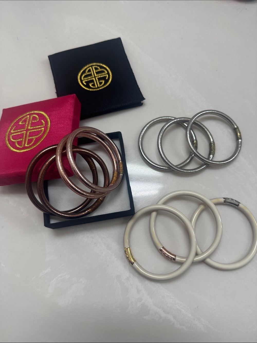 BuDhaGirl Ivory Three Kings Bangles, silver and fawn all weather SET